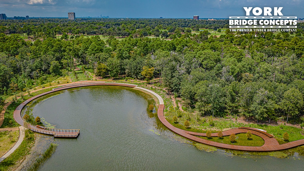 overhead Memorial Park pedestrian timber boardwalk in Houston, TX