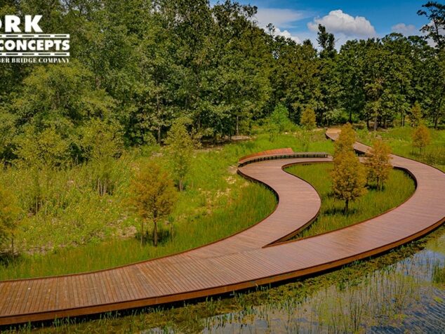 Overhead Memorial Park pedestrian timber boardwalk in Houston, TX