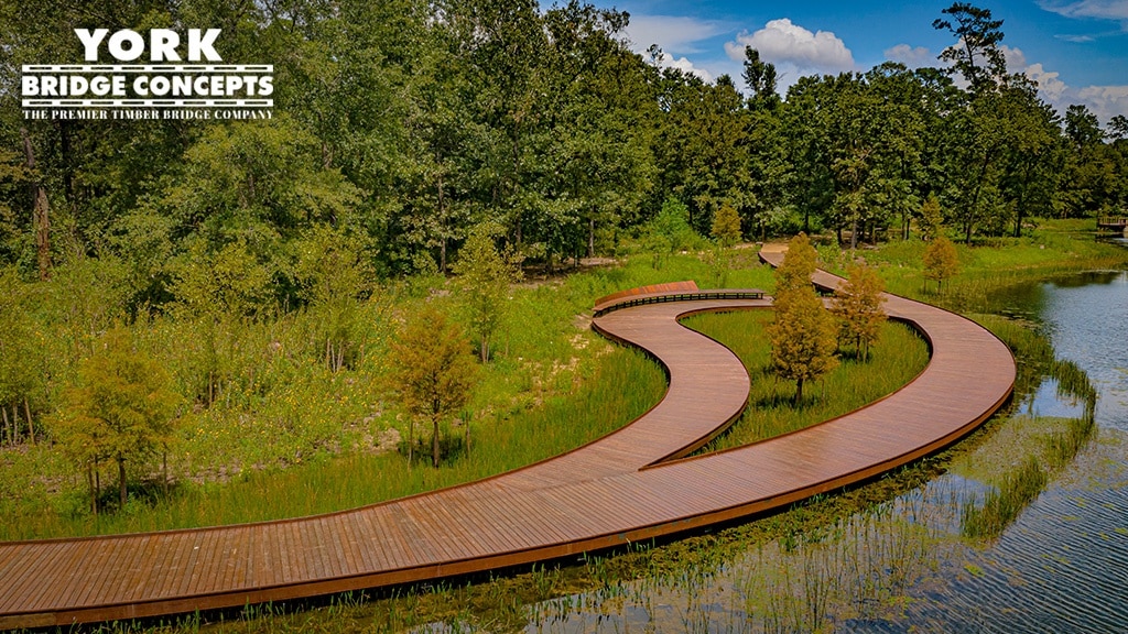 Overhead Memorial Park pedestrian timber boardwalk in Houston, TX