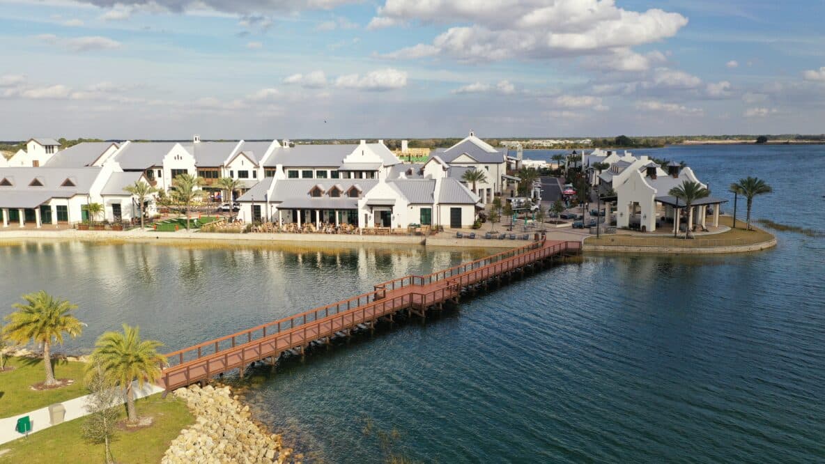 Aerial view Waterside Place timber bridge project in Lakewood Ranch, FL