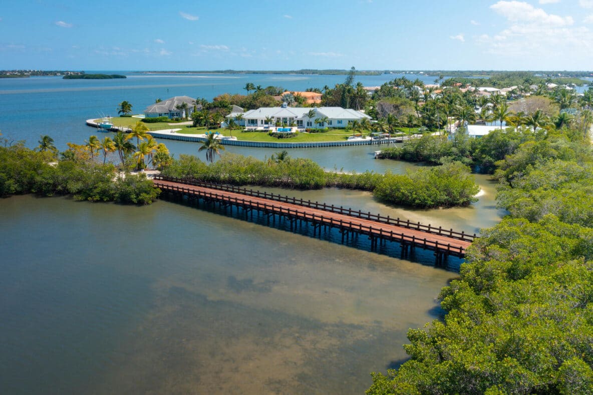 Aerial profile shot of the Mandalay 2-lane timber vehicular bridge project in Southern Florida