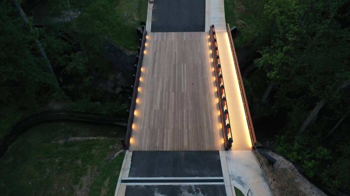 Elan Sweetwater Creek timber bridge Overhead shot at dusk in Lithia Springs, GA