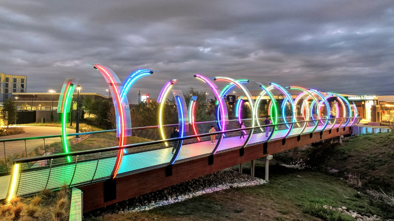 EpicCentral modern timber glulam pedestrian bridge in Texas