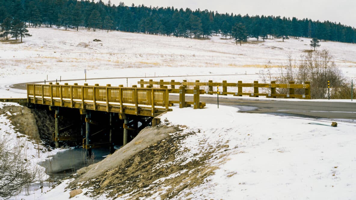 Flying J Ranch timber vehicular bridge angle shot by York Bridge Concepts in Evergreen, CO