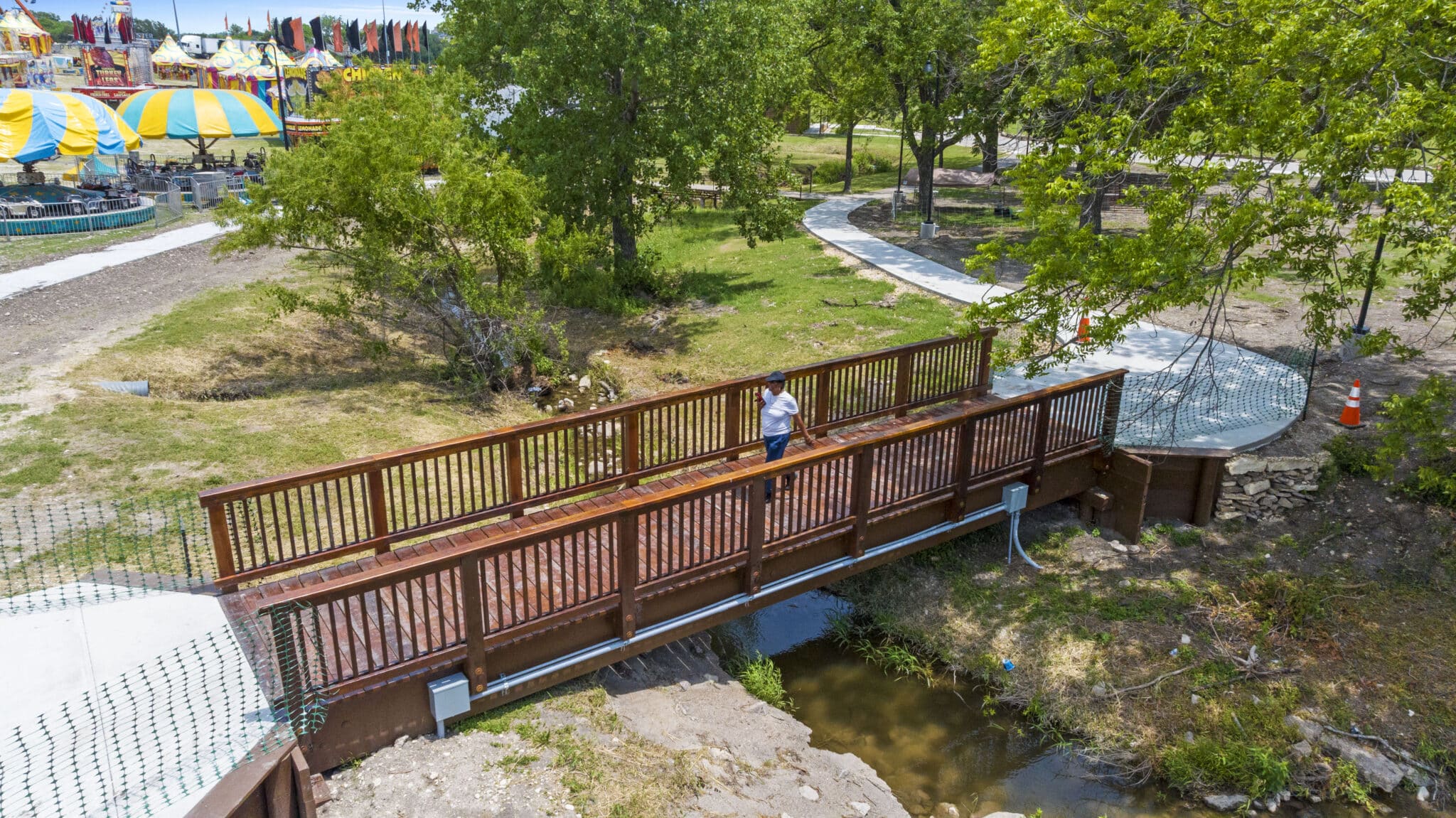Copperas Cove pedestrian bridge aerial profile image of second bridge built York Bridge Concepts in Copperas Cove, TX