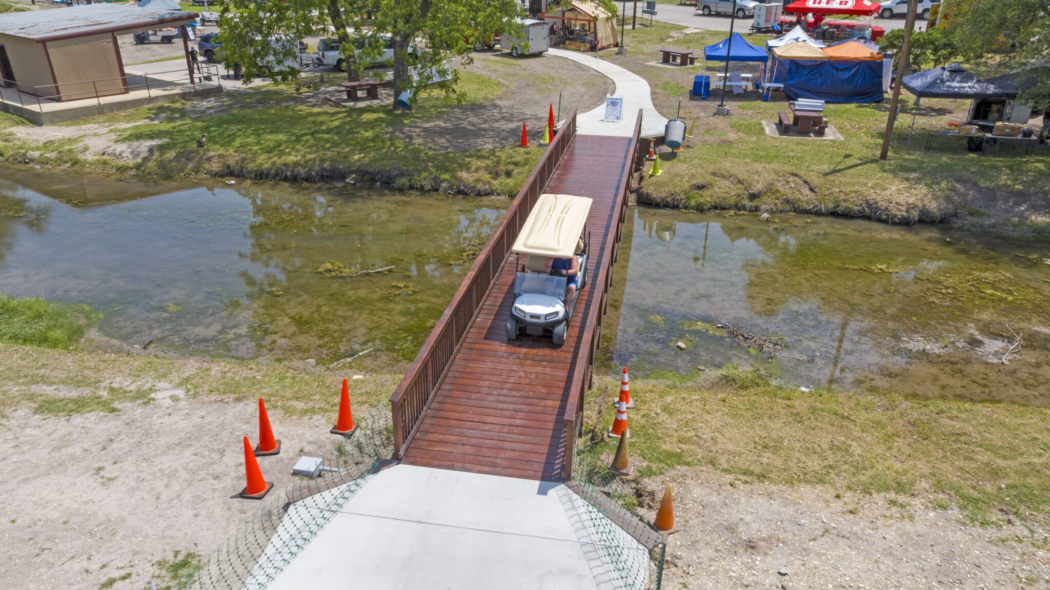 Copperas Cove pedestrian bridge aerial profile image of bridge with golf cart built York Bridge Concepts in Copperas Cove, TX